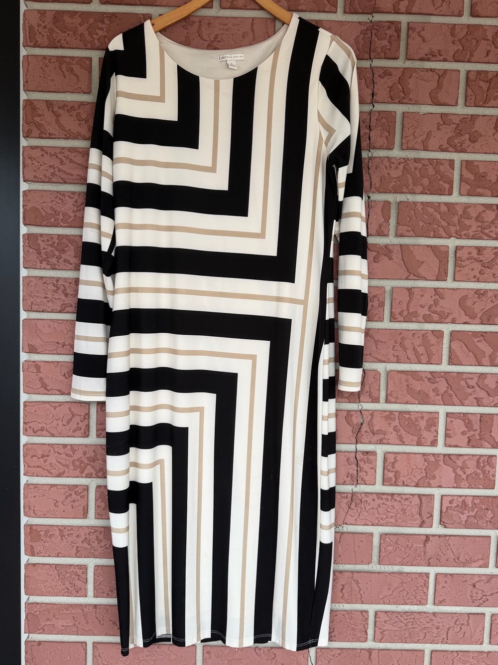 Cato Black & Cream Geometric Stripe Long Sleeve Midi Dress